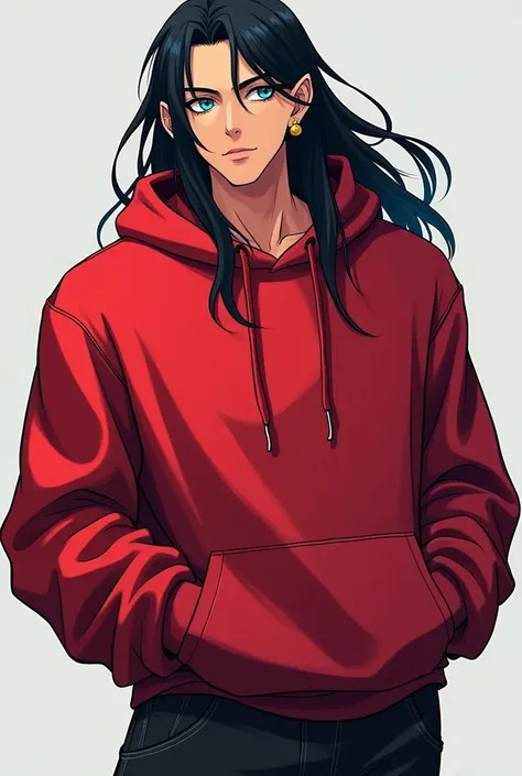 Male, Fit, extremely attractive, black long hair, pointy ears cyan eyes, Latino
Outfit: A oversized red hoodie, an golden earing and oversized black jeans. Anime style