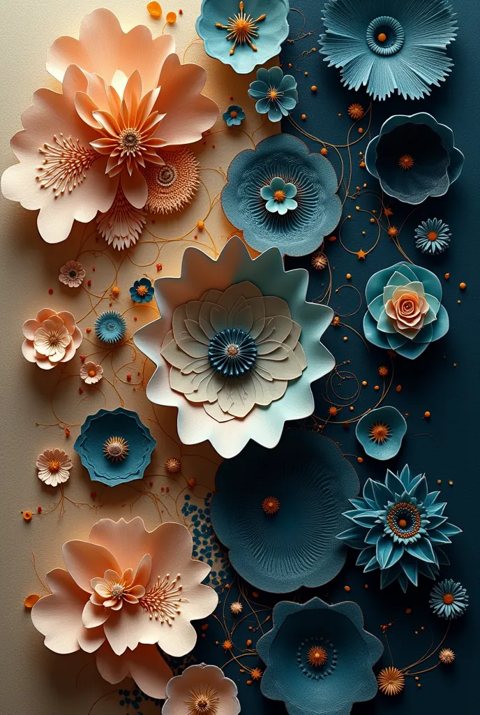 an artistic layout with soft Fibonacci and fractal , providing an inspiring and clean aesthetic for small designs, darker colors giving a confident style , Don't put a lot of flowers 
