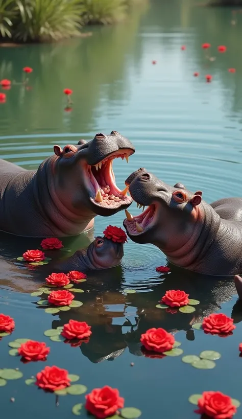 On the shore of a quiet lake , sekelompok kuda Nil berkumpul,  creating a cheerful atmosphere as they play with floating red roses in the water .  With their skin shiny in the sun ,  they bite the stems of flowers ,  sometimes pushing and trying to snatch ...