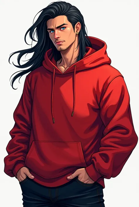 Male, Fit, extremely attractive, black long hair, pointy ears cyan eyes, Latino
Outfit: A oversized red hoodie, an golden earing and oversized black jeans. Anime style