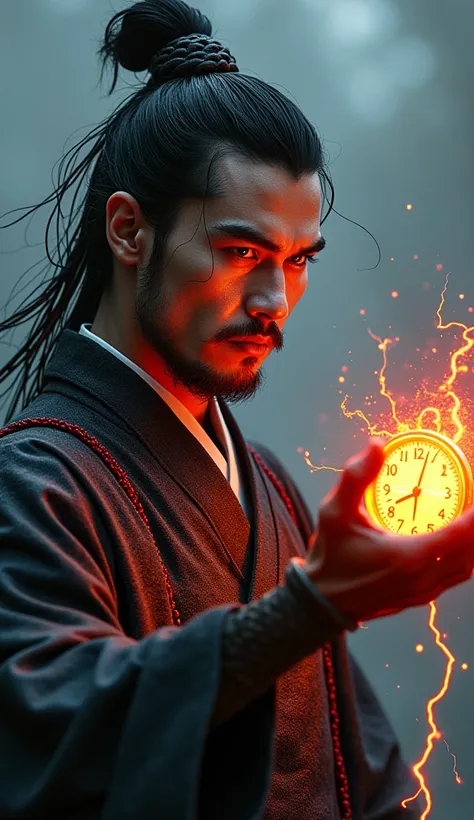 ( photorealism :1.2), Edo Shogun , The arm that came out of the wire、 a fusion of red-eyed cyborgs and Japan that radiates electricity 、 a huge futuristic clock is light 々It floats in his hand 、 eerily glowing eyes 、  his face is covered in inner turmoil  ...