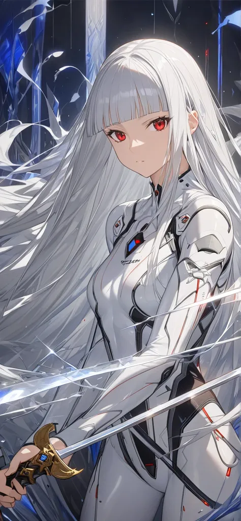 } ultra high resolution , perfect image,  better quality,  detail picture ,  Beautiful woman , glowing skin,  Skin and clothing texture , Tender eyes , bodysuit, a sword, holding, balanced,  full body, ((( silver hair straight bangs long hair))),  red eyes