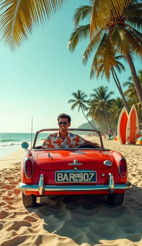  Photo sees camera of an adult Indonesian male wearing a floral print shirt wearing cargo pants over the knee wearing white sneaker, is sitting inside a 1958 Austin-Healey Sprite car parked on the beach .  The car is red and the roof is white .  The car is...