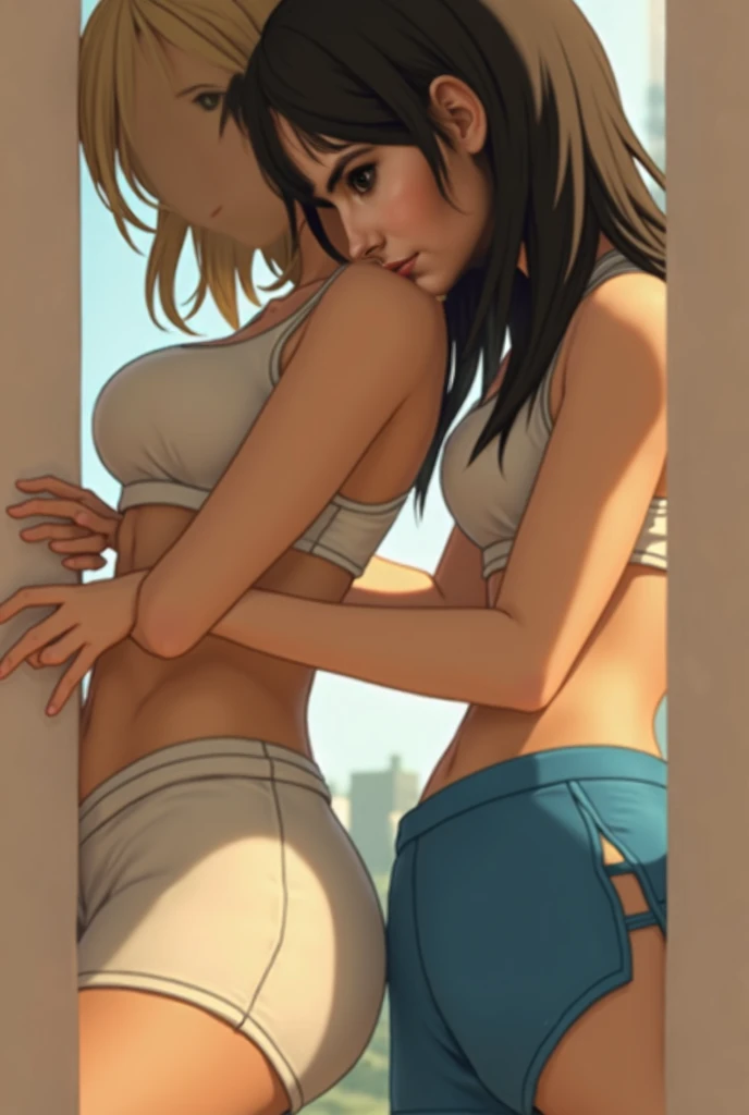  ultra realistic , 4K,  A young realistic American teen girl with blond hair and another young white British teen girl with light brown hair very close while standing against the wall, both wearing short black shorts, Chest out a,, Athletes,  visible abdom...