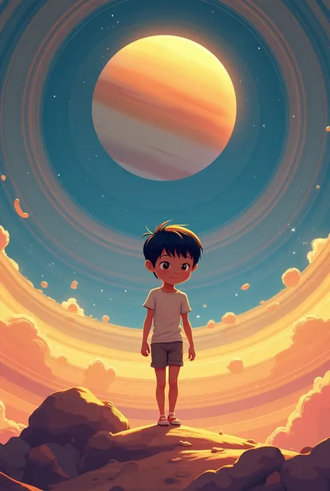 Anime androgynous brown-skinned Indian boy with short straight black hair with bangs walking on the rings of the planet Saturn colorful cartoon 