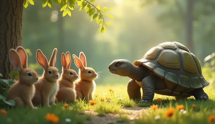 
" In perseverance , there is a force ,"  says Tortoise .  Rabbits learn to be humble and they become good friends .

