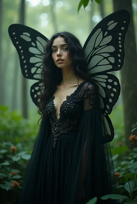  A Brazilian woman in a forest, with white skin, blue eyes, wearing like a black butterfly 