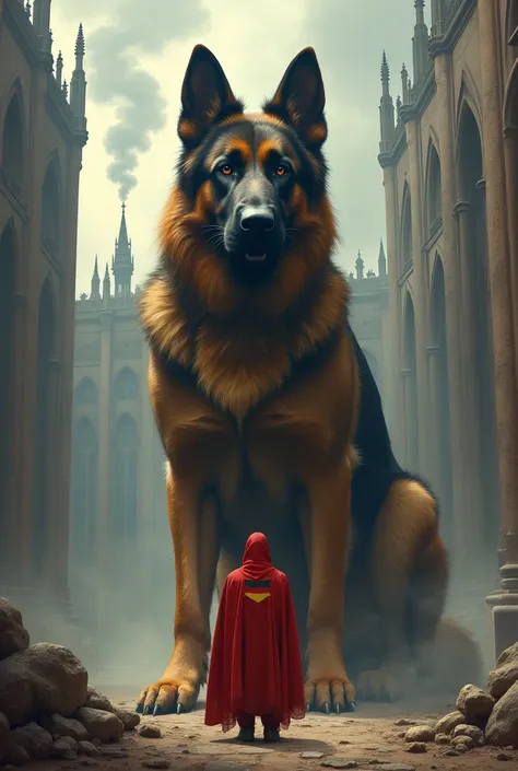 "Create a powerful and symbolic fantasy depiction of Germany as a guardian. Show a massive, majestic German Shepherd dog  as the central figure, symbolizing loyalty, protection, and strength. Surround the dog with a backdrop of detailed Gothic architecture...