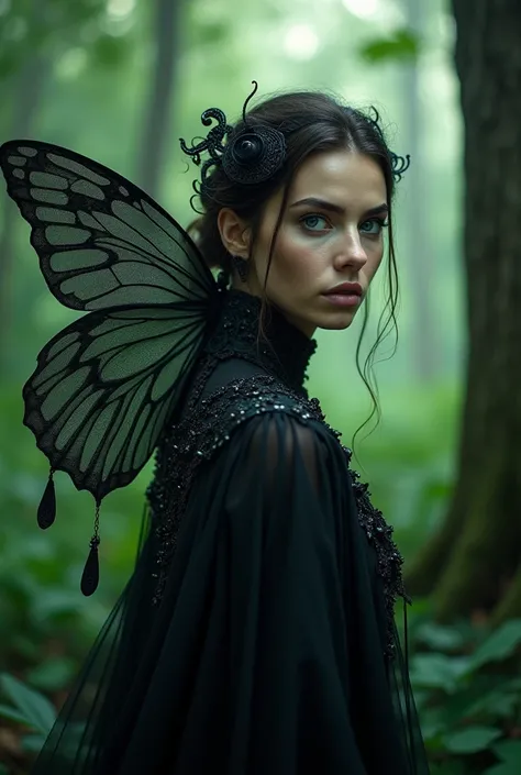  A Brazilian woman in a forest, with white skin, blue eyes, wearing like a black butterfly 