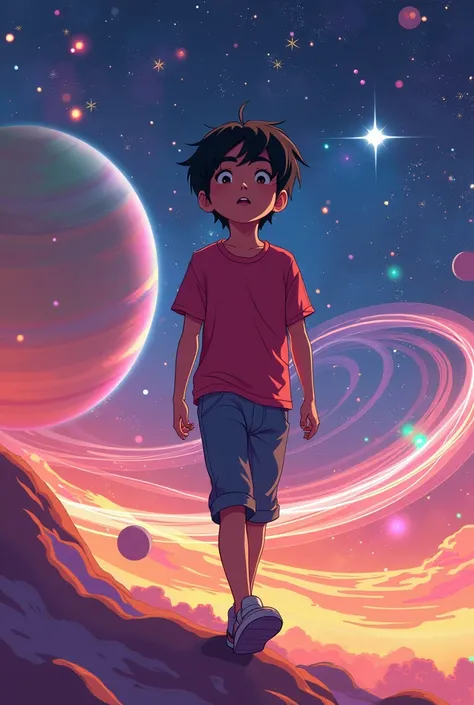 Anime boy in red magenta shirt androgynous Indian brown skin with short straight black hair with bangs walking on the rings of the planet Saturn colorful drawing stars in the sky 