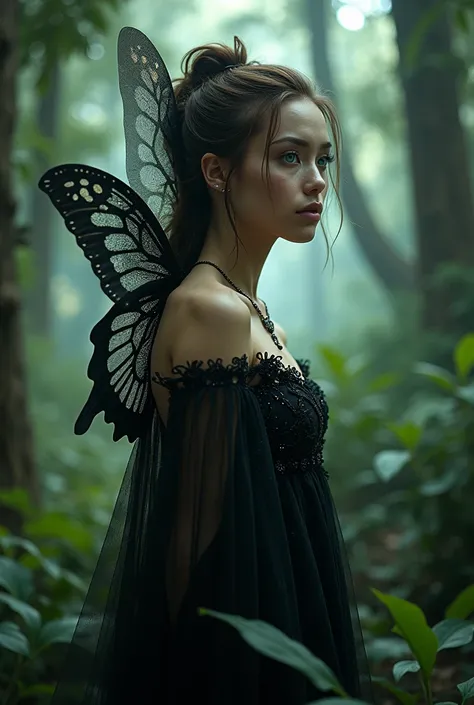  A Brazilian woman in a forest, with white skin, blue eyes, wearing like a black butterfly 