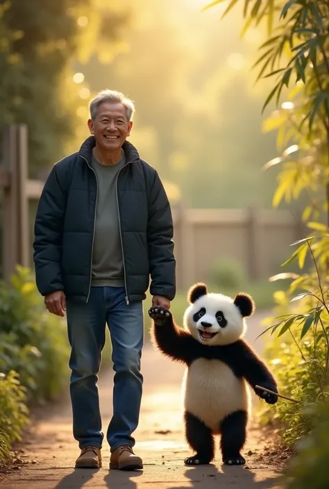  A 35-year-old Indonesian man ,  smiling and looking towards the front .  wearing a dark blue jacket and blue jeans .  The tuyul boy is slightly to the right of the middle ,  next to him a big panda nibbling on a bamboo twig in a playful position.  The sce...