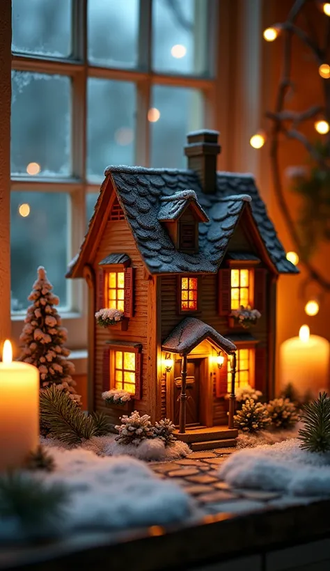  miniature house 、 very delicately made 、ヨーロッパの可愛い小さな家の miniature house 、 illuminate miniatures with light 、Candles next door 、Christmas time、 antique window with background 、night