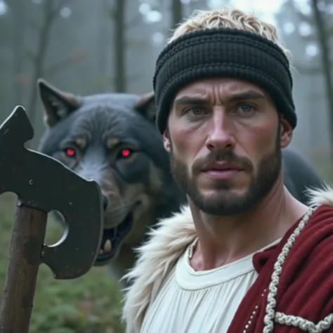 imagine a warrior holding a splendid axe, he has a focused gaze, he is strong and blond viking, on his side there is a large black ferocious wolf with red eyes, he is in norway, ultra detailed, 8k, cinematic