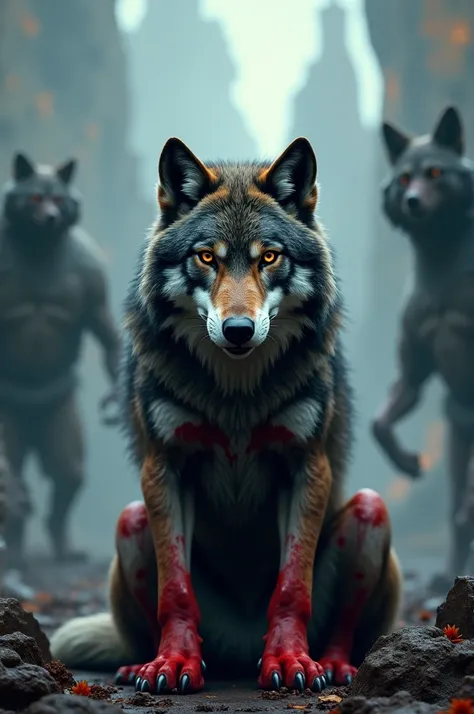 create 3D illusion for a profile picture where a bloody wolf sit  he look ahead the background features Alpha wariorrs in big 