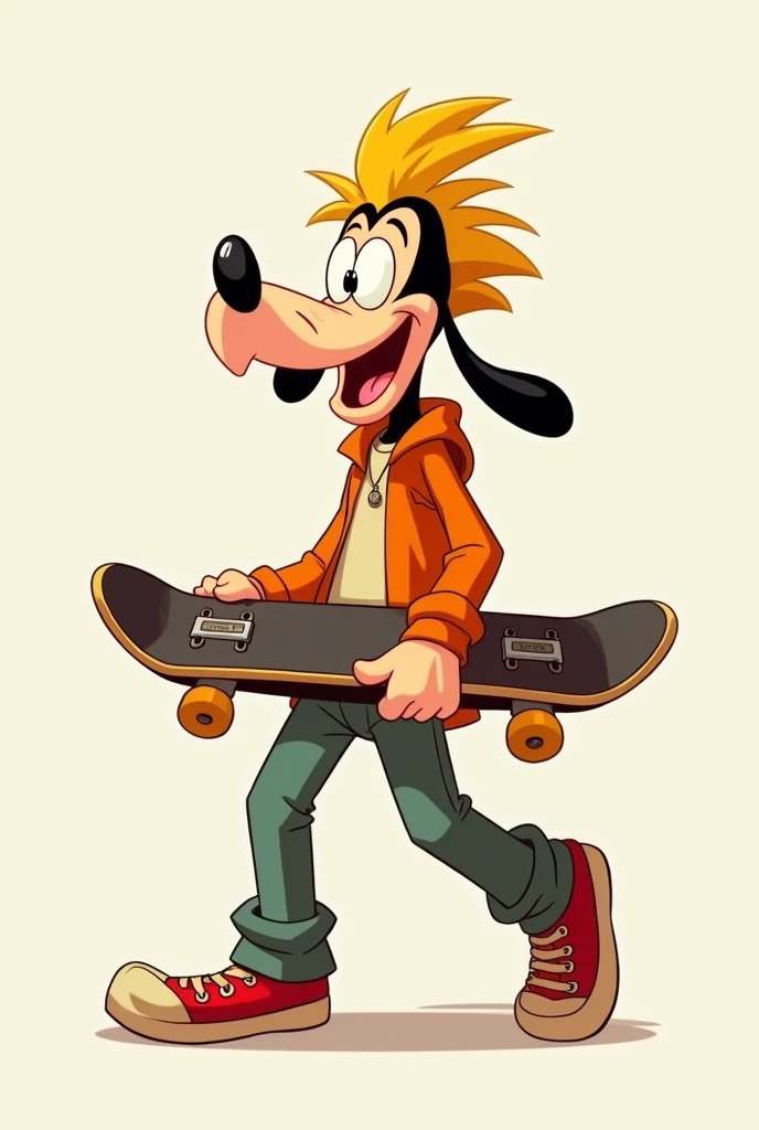 Max, Son of Disneys Goofy. He has a youthful appearance ,  has a tuft above his head and always has a skateboard in his hand. wears loose clothing.