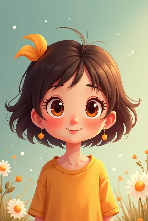 Cartoon girl with round reddish brown eyes, pink cheeks and short hair 
