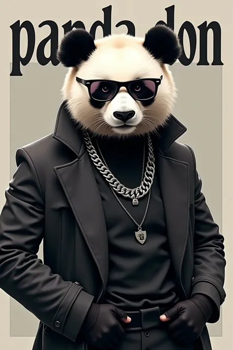 Make me a picture in which, " Panda don wearing chain, jacket and glasses" and text is written behind him "PANDA DON"