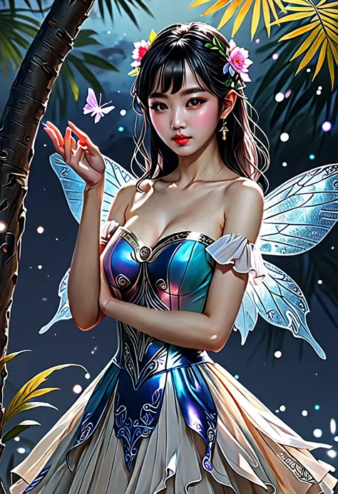 (masterpiece:1.4), ( Top Quality :1.4), ( high resolution:1.4), (masterpiece,  Top Quality ,  high resolution:1.4),Fantasy, 1 man, 1 woman,  A small female fairy about the size of the palm of your hand, The appearance of a Korean girl ,