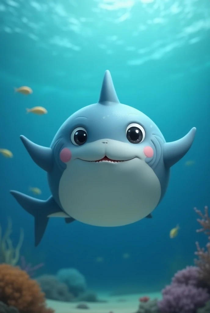 I want a cute shark photo. This shark body shape is extremely round like circle. Realistic photo. 