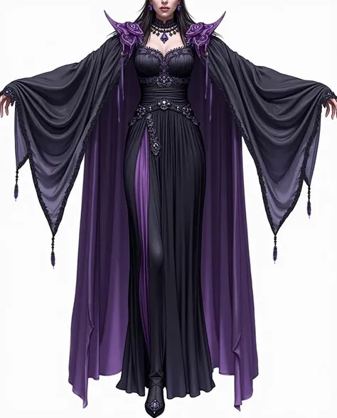 * long dark purple dress with black details ,  often with lace elements or floral motifs . Besides,  she usually wears a shawl or short cape to match her dress and accessories such as a necklace or striking earrings . In general, her style is elegant and s...