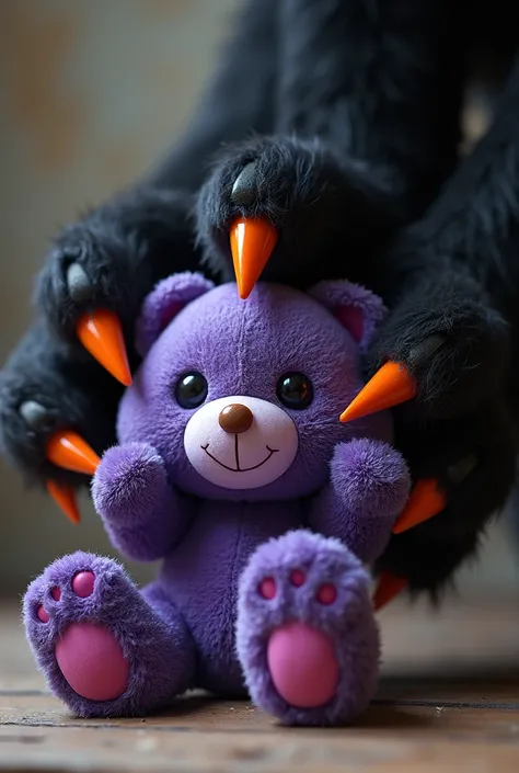 Black dog paw with orange and sharp claws crushing a purple bear plush