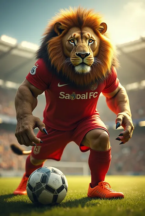  incredible quality,  artwork,  best quality ,  hyper detailed , ultra detailed, Ultra HD, HDR, DOF,  depth of field ,  Grande Leao playing soccer , Uniformed with the jersey . shorts for São Paulo Fc muscular body , lion paws,  wearing an orange boot on t...