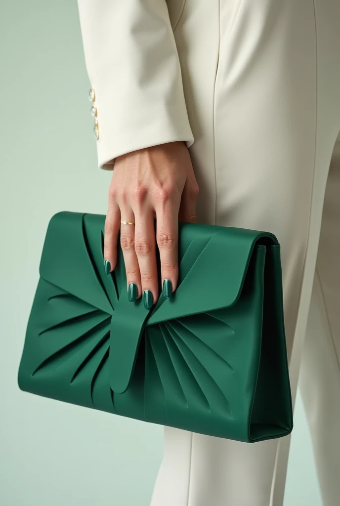 "Create a sleek, modern clutch-style handbag in a deep emerald green color, featuring a pleated texture that forms an origami-inspired design. The bag should have a structured, geometric appearance, exuding sophistication. Position it against a neutral bac...