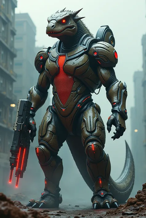 (photorealism:1.2),giant komodo dragon, mutated, cyborg, red accent , cyber armor, weapons
