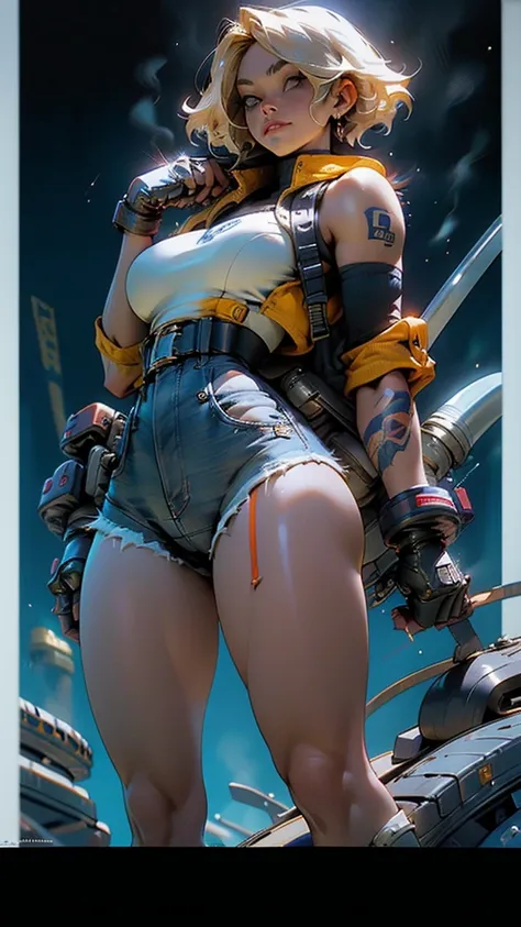 A woman, 25 age, blond, big breasts, wide hips, amber eyes, thick thighs, blue jacket, leather gloves, harness, gun holster, backpack,  arm tattoos, soft skin, hooded, sexy pose, tight short shorts, cameltoe