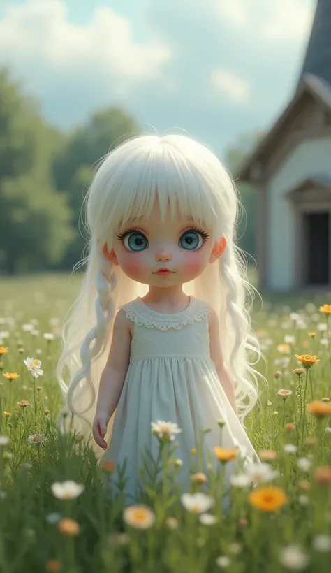  Hyper realistic image of Sophia  ,  a baby with long white hair , blue eyes,  pale white skin ,  red lips ,  white eyebrows , Upturned nose, white eyelashes, big plump lips , freckles all over the face,  with two ponytails and bangs , She is standing ,  t...