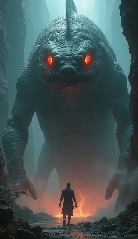 "An ultra-realistic image of a huge, imposing, fish-like creature towering over a man in plain, slightly worn clothing. The creature has glowing, blazing red eyes with intricate detailing. Its skin is rough, scaly, and dark, almost blending into its shadow...