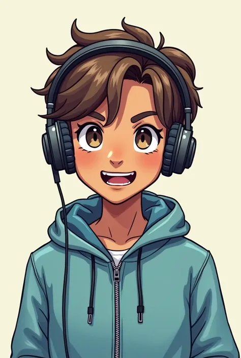 Generate a brown-skinned young adult ,  he wears a gamer headset and looks at the camera he has brown hair a not very friendly smile and wears a light blue jacket, Picture as if it were a pen drawing , Generate the full-length character 