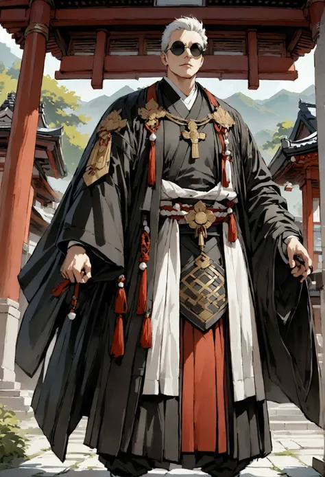 Japanese monk、 Little Beauties 、Round Sunglasses、Equip yourself with ceremonial items、Hero of Justice、 Black Costume、Robe、exorcist、exorcist、Japanese Temples、Strongest