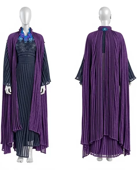 * long dark purple dress with black details ,  often with lace elements or floral motifs . Besides,  she usually wears a shawl or short cape to match her dress and accessories such as a necklace or striking earrings . In general, her style is elegant and s...