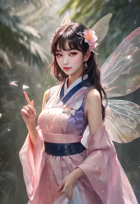 (masterpiece:1.4), ( Top Quality :1.4), ( high resolution:1.4), (masterpiece,  Top Quality ,  high resolution:1.4),Fantasy, 1 man, 1 woman,  A small female fairy about the size of the palm of your hand, The appearance of a Korean girl ,