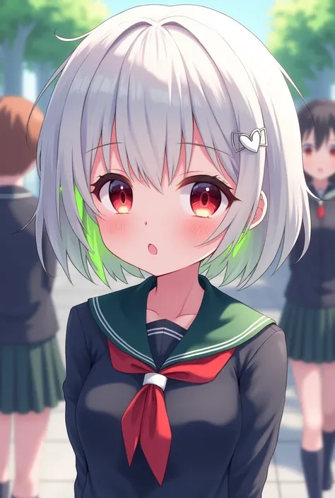 Attractive anime-style high school girl with short white hair

red eyes　 smaller breasts　uniform　white heart hair ornament

Only part of the forelock is fluorescent green

Part of the bangs is fluorescent green

Entrance ceremony

