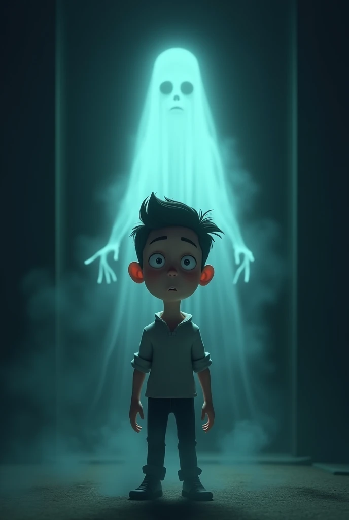 In Cinematic 3d cartoon style Encounter with the Apparition: A young man standing frozen in fear as a translucent, spectral figure appears before him. The ghost has an enigmatic expression, hovering mid-air with a faint glow. Image size 16:9