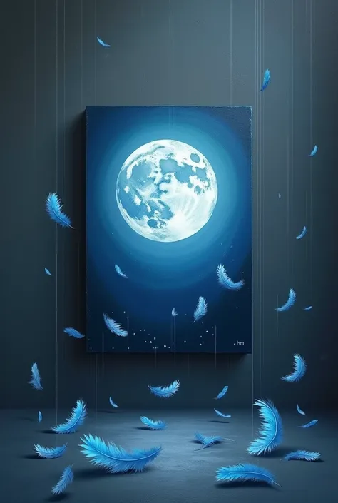 dark gray background, with small bright blue feathers falling all over the image .  A painting in the middle of the image with a full moon drawn in the middle of the canvas