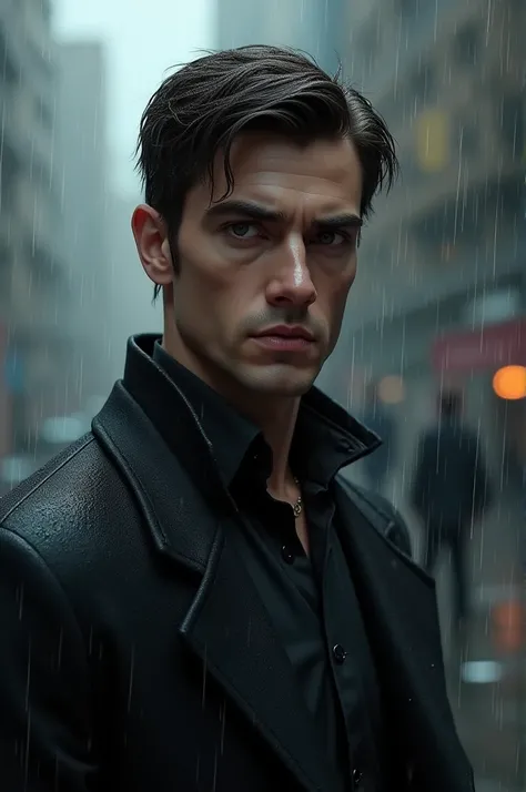 man, delgado, very light skin, serious dark brown hair. bottom: It is raining 