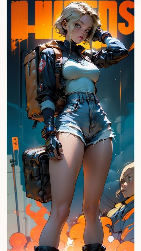 A woman, 25 age, blond, big breasts, wide hips, amber eyes, thick thighs, blue jacket, leather gloves, harness, gun holster, backpack, arm tattoos, soft skin, hooded, sexy pose, tight short shorts, sturdy denim shorts, hemmed shortscameltoe