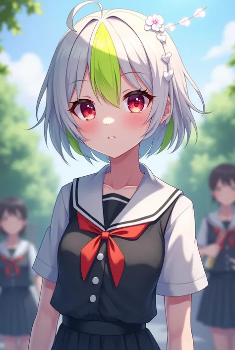 Attractive anime-style high school girl with short white hair

red eyes　 smaller breasts　uniform　white heart hair ornament

Only part of the forelock is fluorescent green

Part of the bangs is fluorescent green

Entrance ceremony

