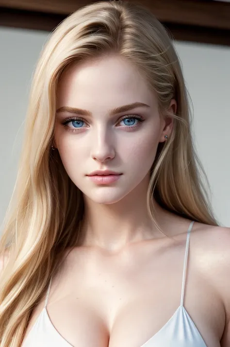 (photorealistic), Portrait photo of a breath taking beautiful 18yo American supermodel, soft face structure, pale skin, k pop, micro bikini, big breasts, impressive cleavage, porkies, frontal view, slender, hourglass figure, abs, blonde, ultra detailed fac...