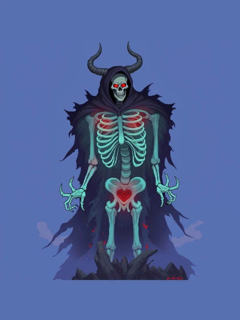 use this art style and make a skeleton demon that is a overlord for hell in hazbin hotel