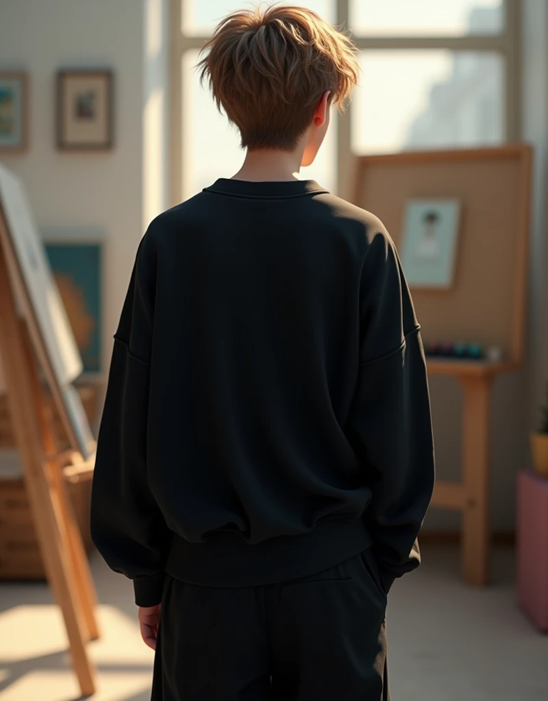 NO ANIME, REAL HUMAN, NO ILLUSTRATIONS, view completely from back, realistic, Masterpiece, highest quality, very detailed, absolute resolution, high resolution, length (head to knees: 2.0), highest quality, 8K, 2000s mockup style, cute boy, 18 years old, A...