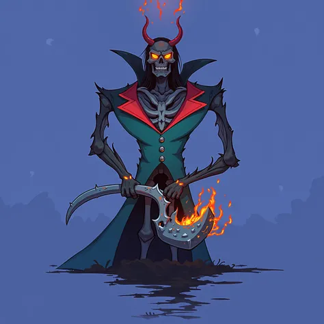 use this art syle not the picture and make a skeleton demon overlord with a fancy looking suit on and make it so he wields a cythe that is on fire