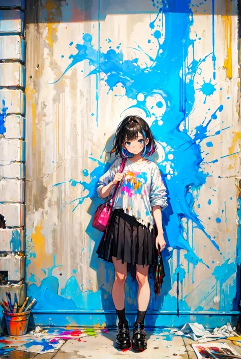 1girl,solo,cool,shirt and skirt,art student,she has a brush,she is painting the wall,big paint,paint the whole wall,colorful,dynamic,intense,wild,crazy,dirty,in Derelict building