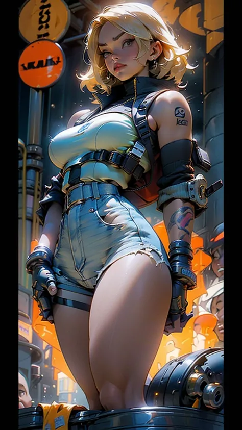 A woman, 25 age, blond, big breasts, wide hips, amber eyes, thick thighs, blue jacket, leather gloves, harness, gun holster, backpack, arm tattoos, soft skin, hooded, sexy pose, tight sturdy short shorts, cameltoe