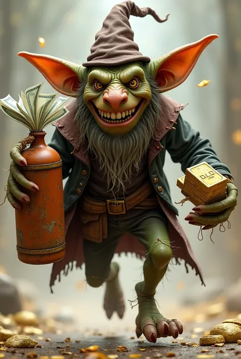 Imagine a not-so-friendly goblin, with a mischievous expression on its face. It hops around, carrying in one hand a bundle of dynamite, ready to cause some chaos. In the other hand, it clutches a wad of cash and several gold bars, as if it has just looted ...