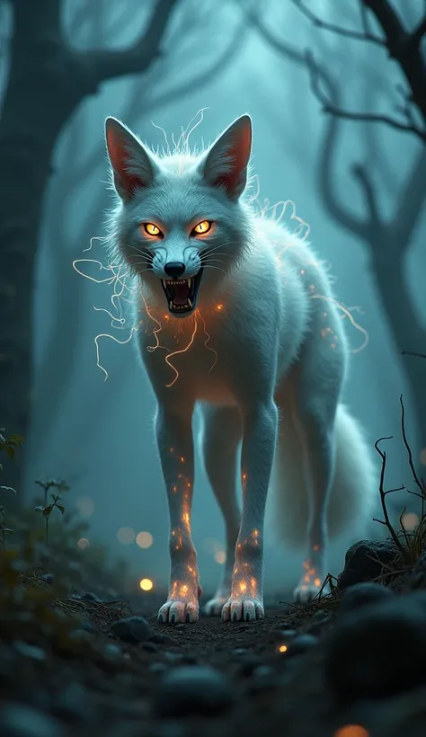 "A terrifying hybrid creature that combines features of a glowing, ethereal fox and a shadowy, mythical cat. Its glowing fur emits an eerie, pulsating light, while its piercing, cat-like eyes radiate a sinister glare. Smoke-like tendrils writhe and twist a...